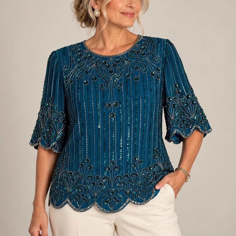 Laurence Kazar Vintage 90s Teal Silk Beaded Sequin Scalloped Evening Blouse M